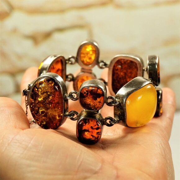 82g Rare Multi Amber and 925 Silver Heavy Link BRACELET - OOAK Gift For Her - Picture 15 of 16